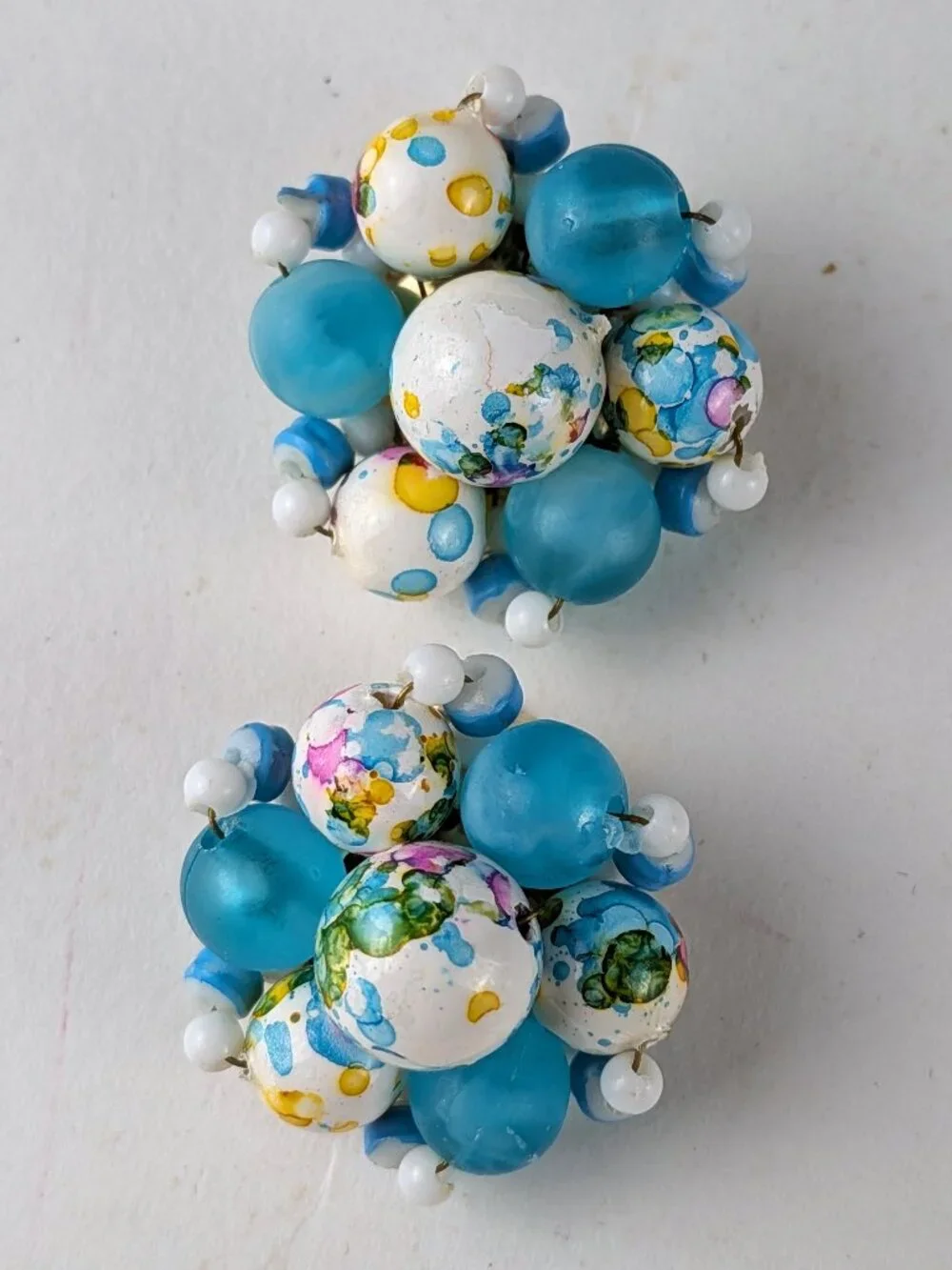 Vintage Blue/White Speckled Beaded Clip-On Earrings